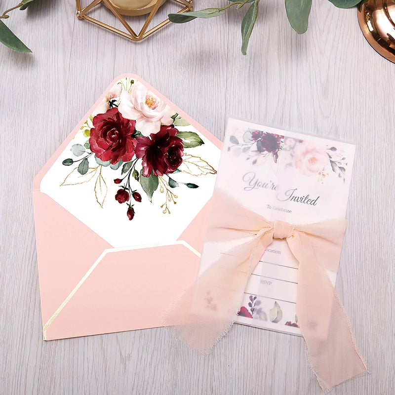 DORIS HOME 25PCS Invitations Cards for Bridal Shower Invite/Baby Shower/Wedding/Rehearsal (25PCS Pink Burgundy Flower Fill-in) - Image 2